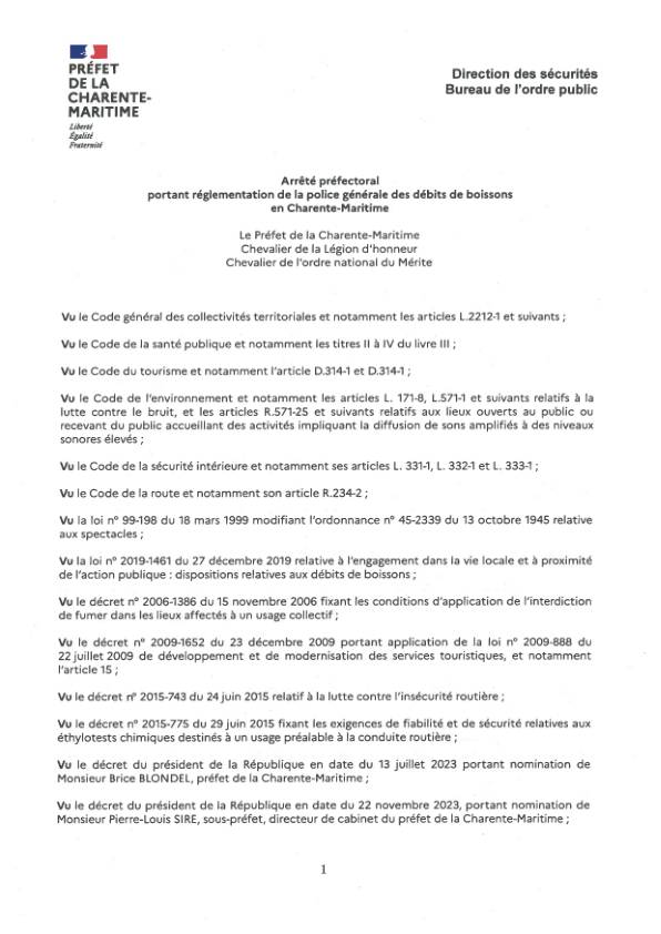 Arrêté règlementation de la police générale des débits de boissons en Charente-Maritime Arrêté règlementation de la police générale des débits de boissons en Charente-Maritime