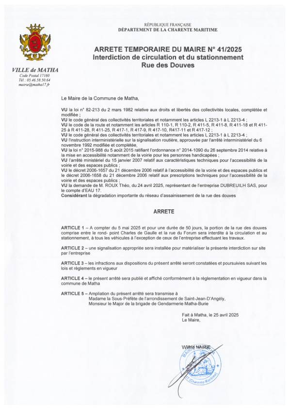 arrêté circulation et stationnement rue des Douves arrêté circulation et stationnement rue des Douves