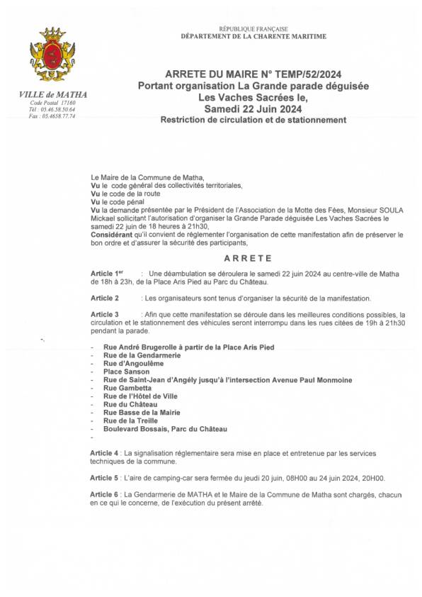 Arrêté déambulation vaches sacrées Arrêté déambulation vaches sacrées