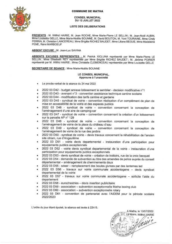 Compte-rendu conseil municipal 12 juillet 2022