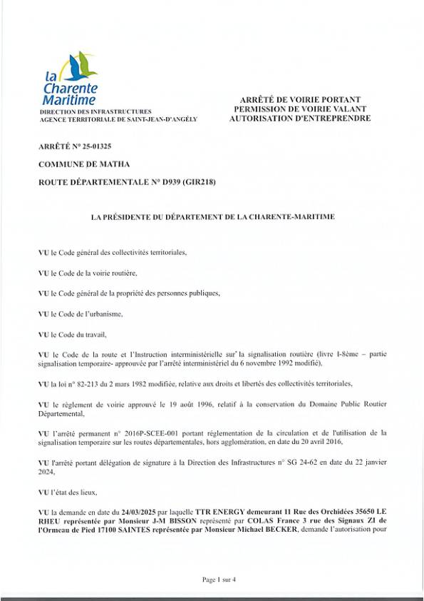 Arrêté autorisation d'entreprendre Arrêté autorisation d'entreprendre