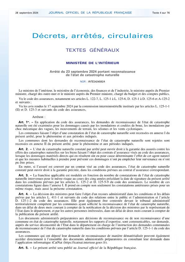 Arrêté catastrophe naturelle