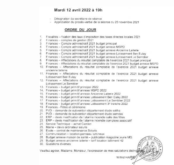Ordre du jour conseil municipal 12 avril 2022