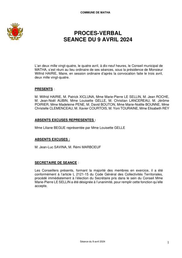 Procès verbal conseil municipal 09 avril 2024