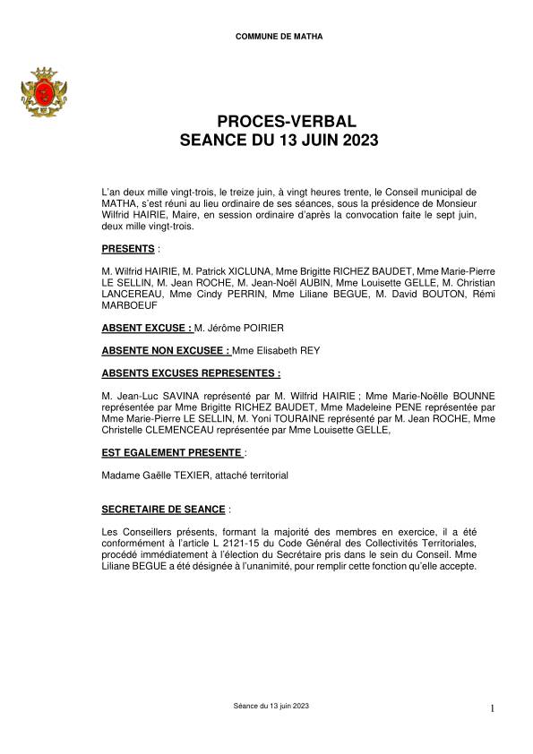 Procès-verbal conseil municipal 13 juin 2023