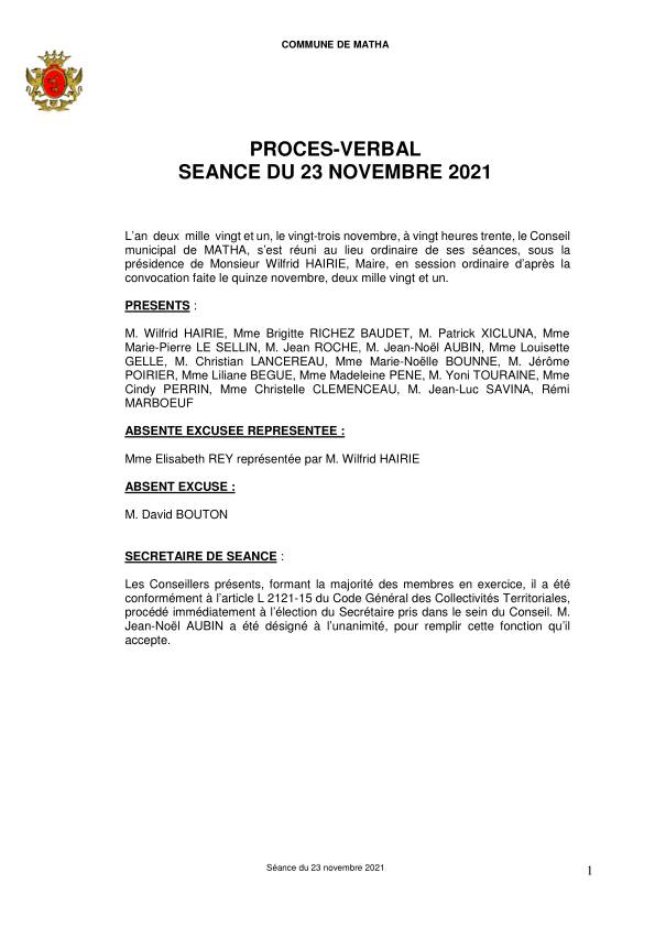 compte-rendu conseil municipal 23 novembre 2021