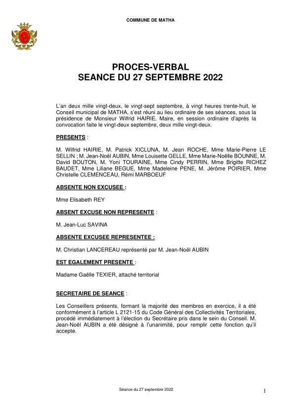 Procès verbal conseil municipal 27 septembre 2022