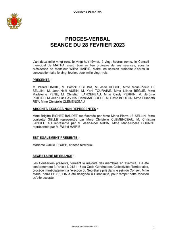 Procès- verbal conseil municipal 28 février 2023