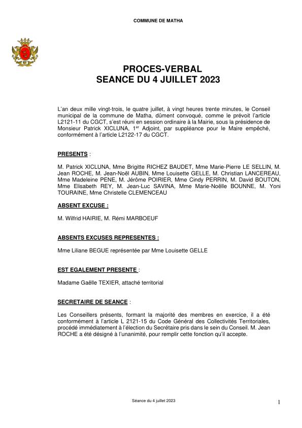 Procès verbal conseil municipal 4 juillet 2023