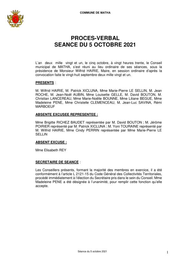 Procès-verbal 05 octobre 2021