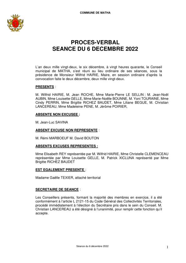 Procès verbal conseil municipal 06 décembre 2022