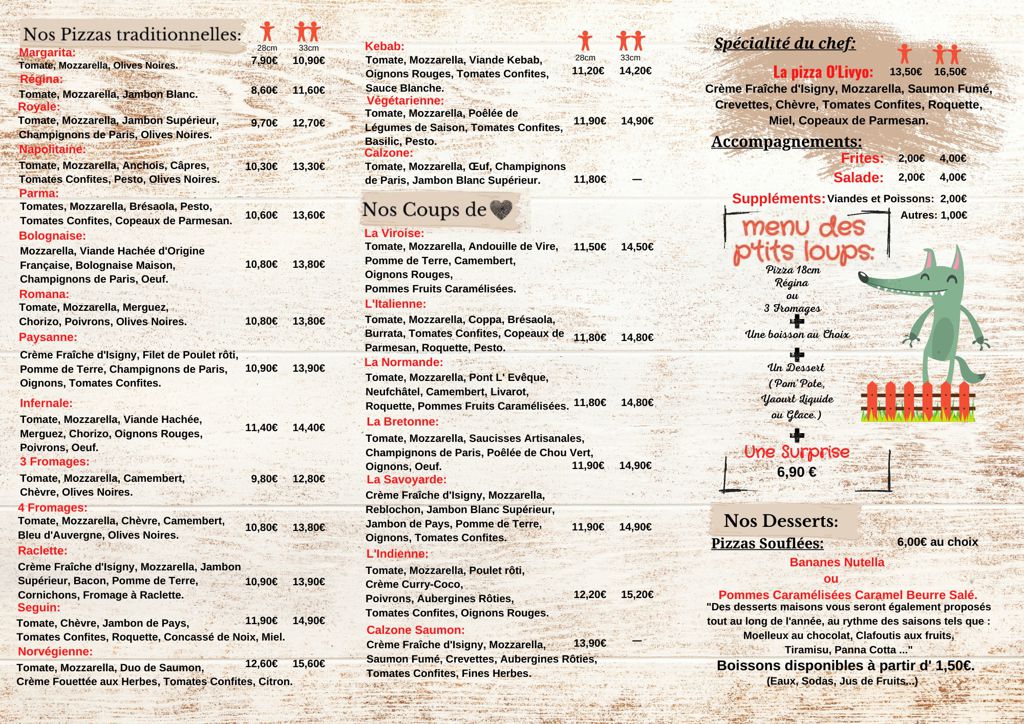 menu o livyo pizzas