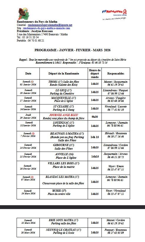 programme  2026 randonneurs